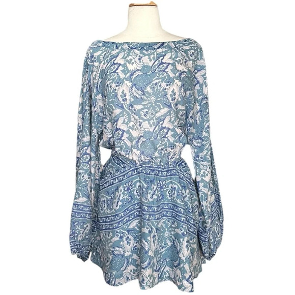 FREE PEOPLE Bohemian Mini Dress Silver Sun Cutout Blue Washed Pockets, Medium - Picture 1 of 16